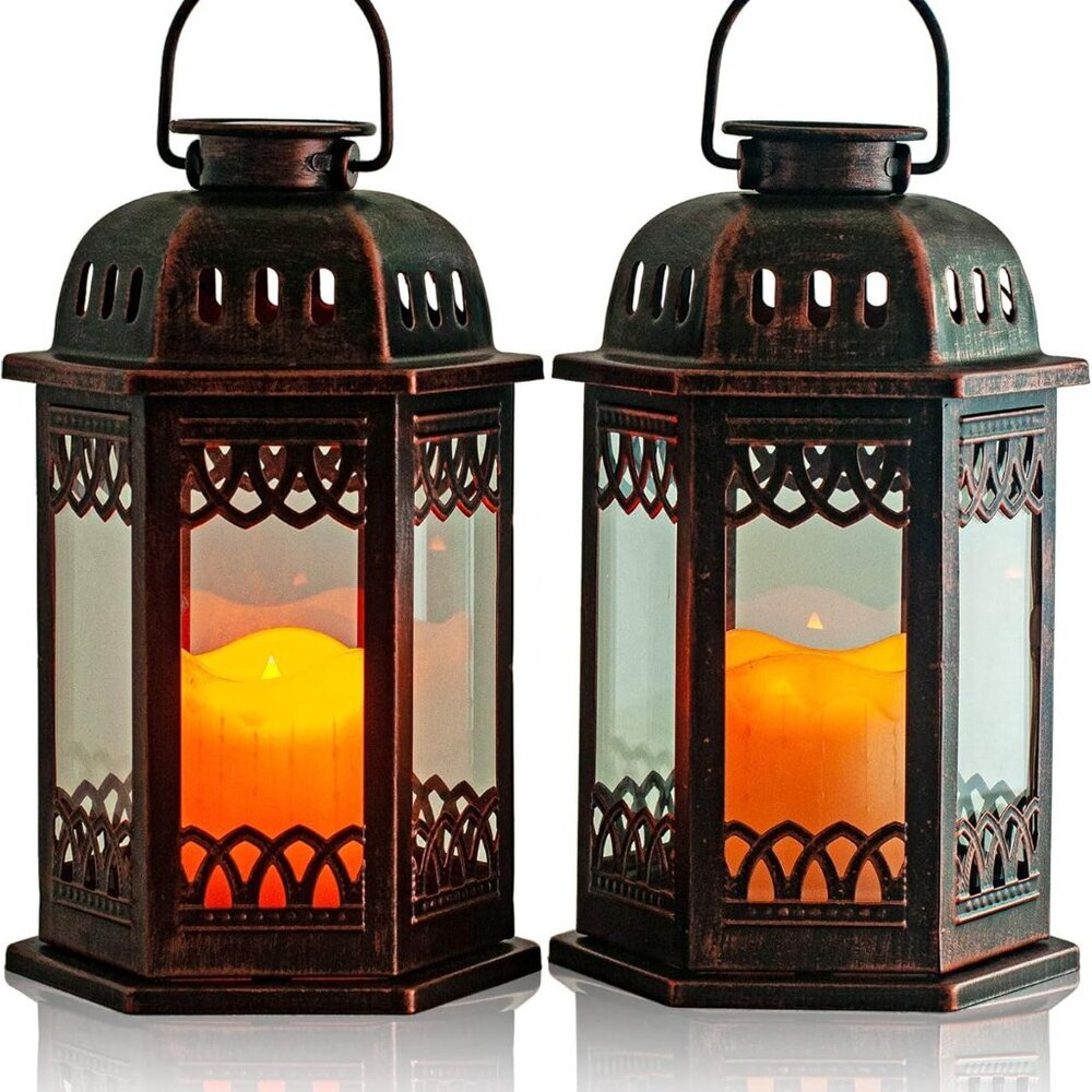 Solar Lanterns 2 Pack Bronze - Hanging Solar Lights with Flickering Candle LED -